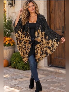 Very Vollbracht Black Gold Sequin Black Leopard Kimono Cape Wearable Art